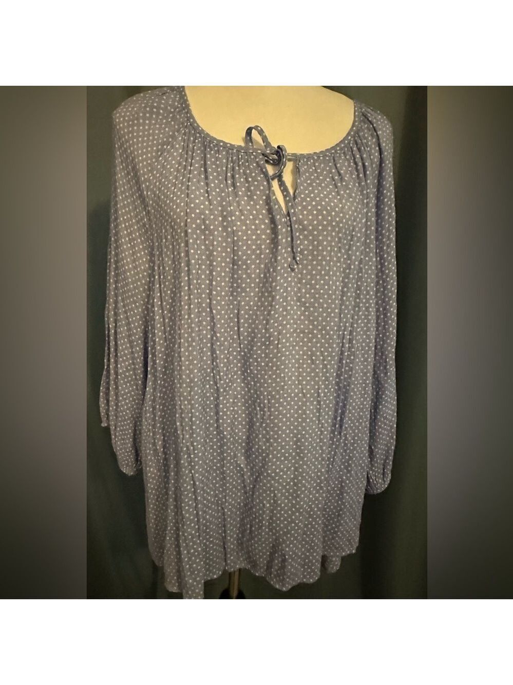 Fred David Light Blue Blouse with white dots Tie at Neckline, Size 2X